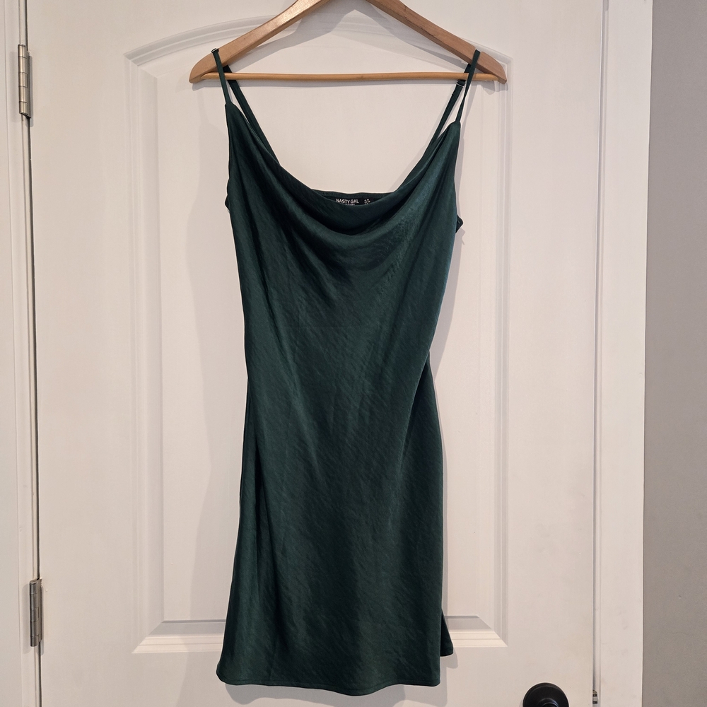Nasty Gal Emerald Green Satin Slip Dress Cowl Neck Mini Spaghetti Strap